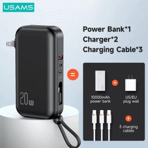 USAMS 3 In 1 Power Bank 20W PD QC 10000mAh Wall Charger External Battery With Cable